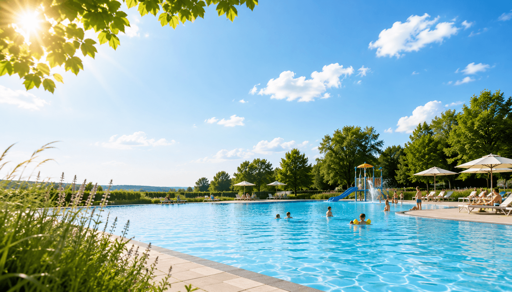 Buitenzwembad met zwemmers bij warm weer