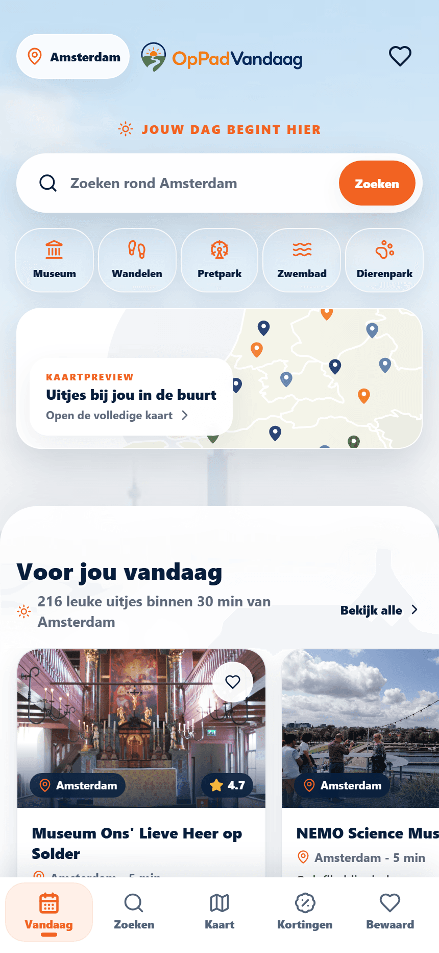 Homepage van de OpPadVandaag app met zoeken, categorieën en kaartpreview